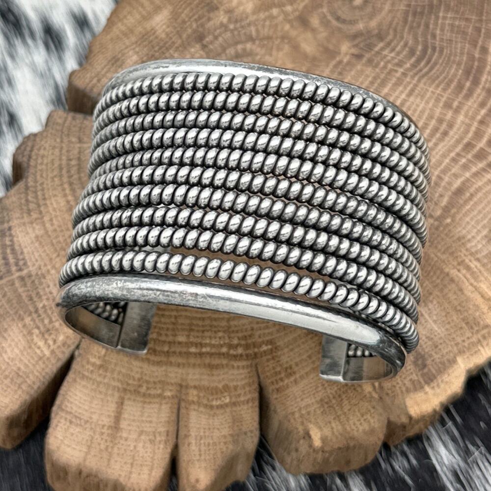 1980s TAHE Native American Navajo Sterling 10-Row Twist Wire Cuff Bracelet
